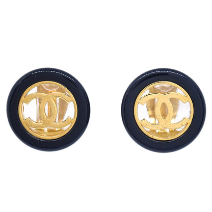 Chanel Button Clip-On Earrings Black Gold 97A