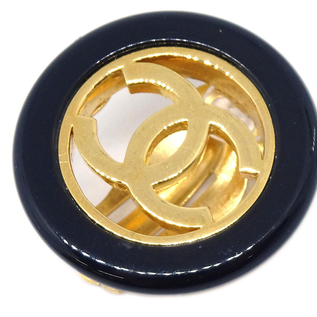 Chanel Button Clip-On Earrings Black Gold 97A