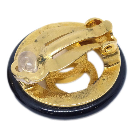Chanel Button Clip-On Earrings Black Gold 97A