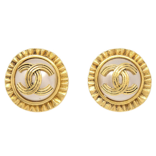 Chanel Button Clip-On Earrings Gold Costume Pearl 94A