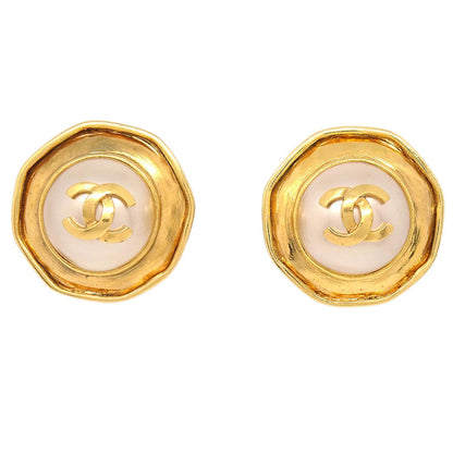 Chanel CC Costume Pearl Button Clip-On Earrings Gold 95P