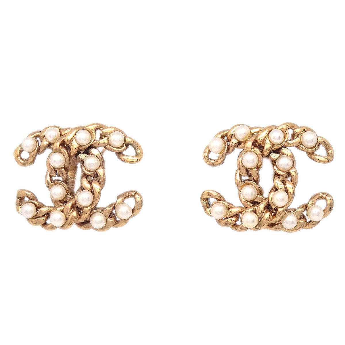 Chanel Gold CC Clip-On Earrings Costume Pearl 03A