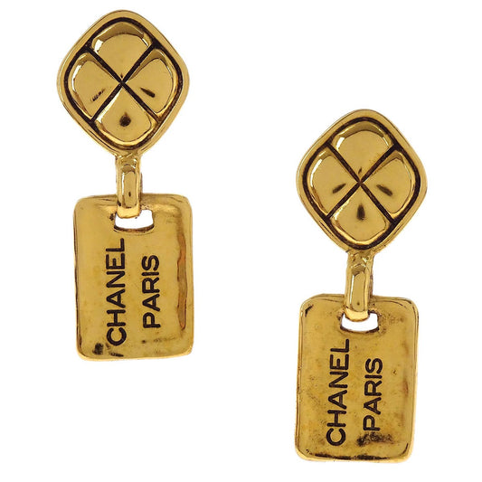 Chanel Dangle Clip-On Earrings Rectangle Rhombus Gold 2448