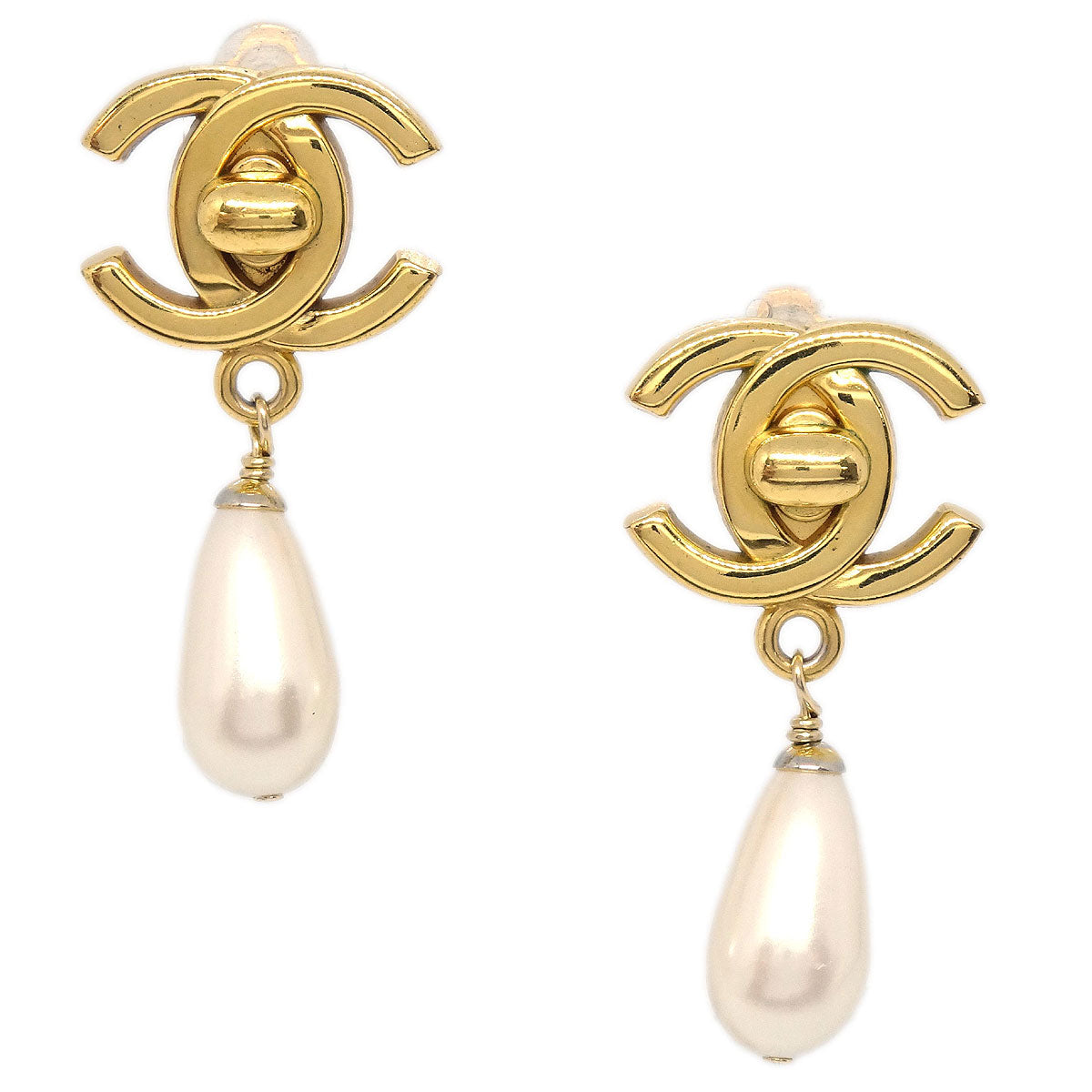Chanel CC Turnlock Costume Pearl Clip-On Earrings Gold Small 96P