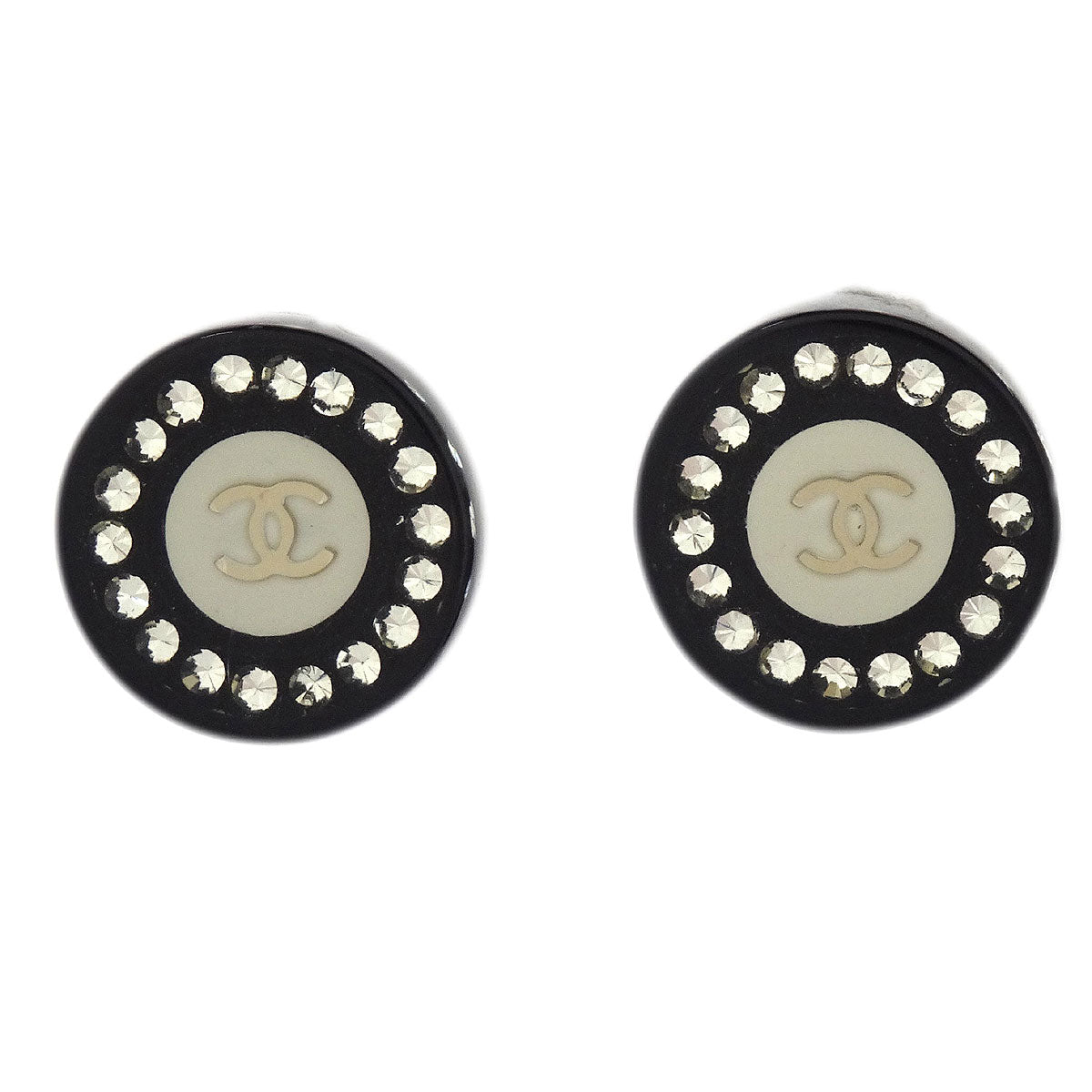 Chanel Button Clip-On Earrings Rhinestone Black 08C