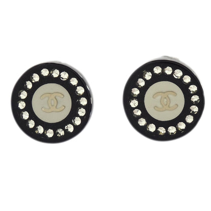 Chanel Button Clip-On Earrings Rhinestone Black 08C