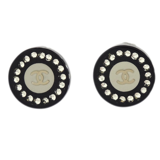 Chanel Button Clip-On Earrings Rhinestone Black 08C