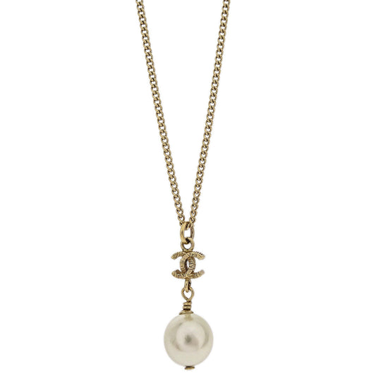 Chanel Charm CC Gold Chain Necklace Costume Pearl B12C