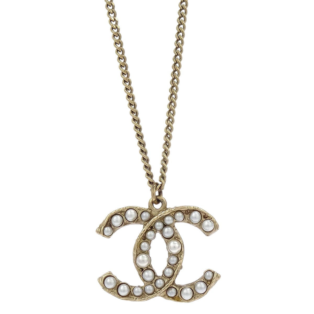 Chanel Charm CC Gold Chain Necklace Costume Pearl A12A