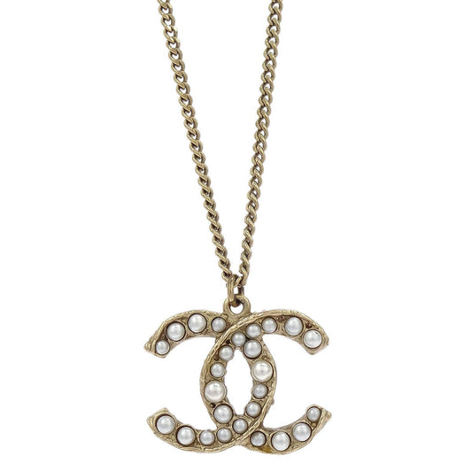 Chanel Charm CC Gold Chain Necklace Costume Pearl A12A