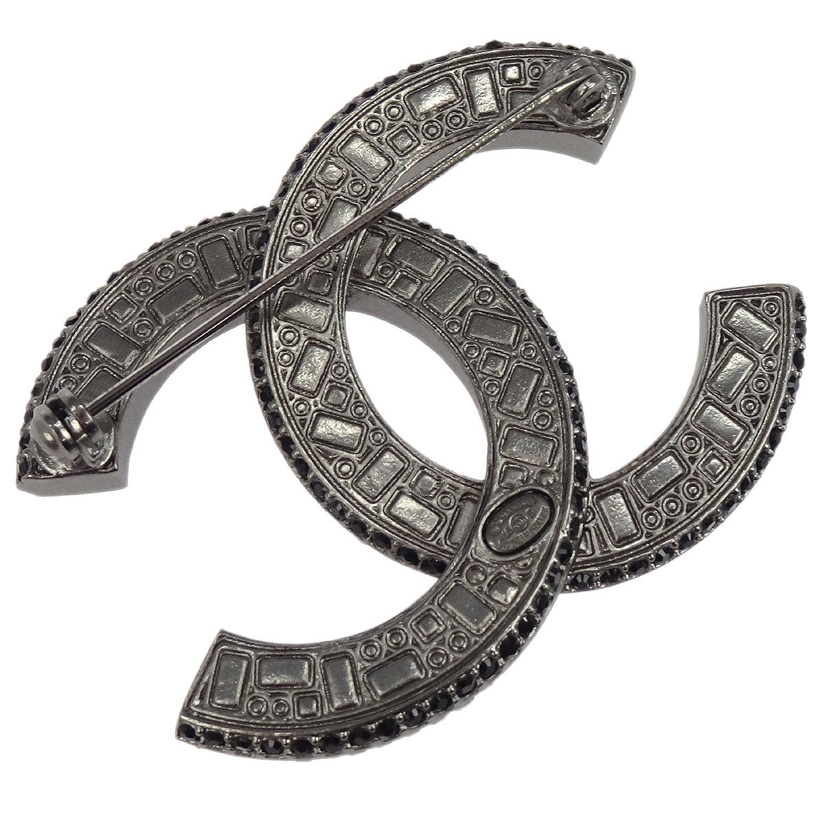 Chanel CC Rhinestone Brooch Pin Silver A15B