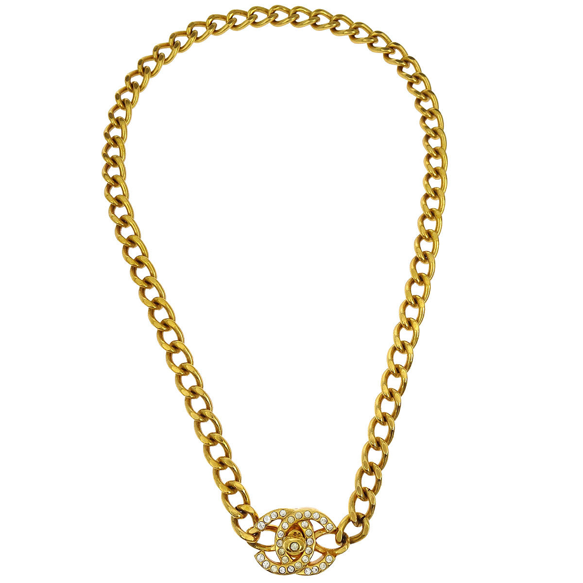 Chanel Turnlock Charm Gold Chain Necklace Rhinestone 96A