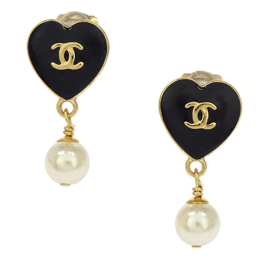 Chanel Gold Heart Costume Pearl Dangle Clip-On Earrings 04A