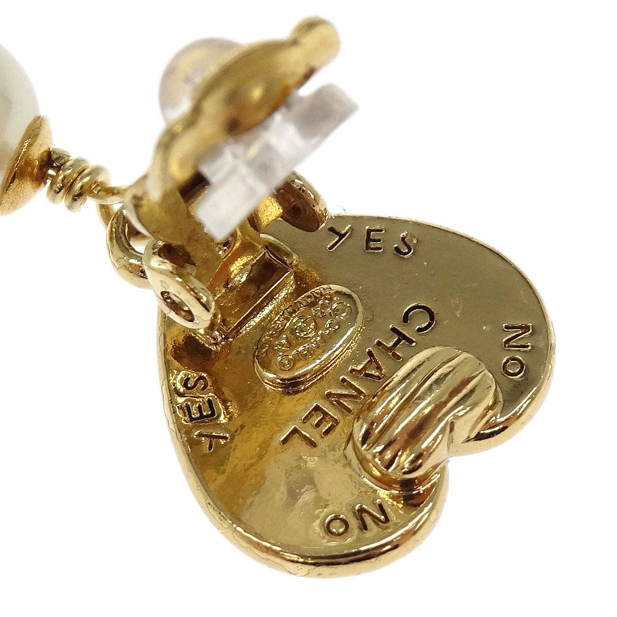 Chanel Gold Heart Costume Pearl Dangle Clip-On Earrings 04A