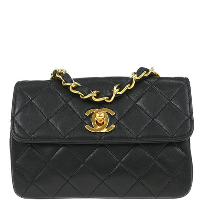 Chanel 1989-1991 Black Lambskin Straight Flap Shoulder Bag