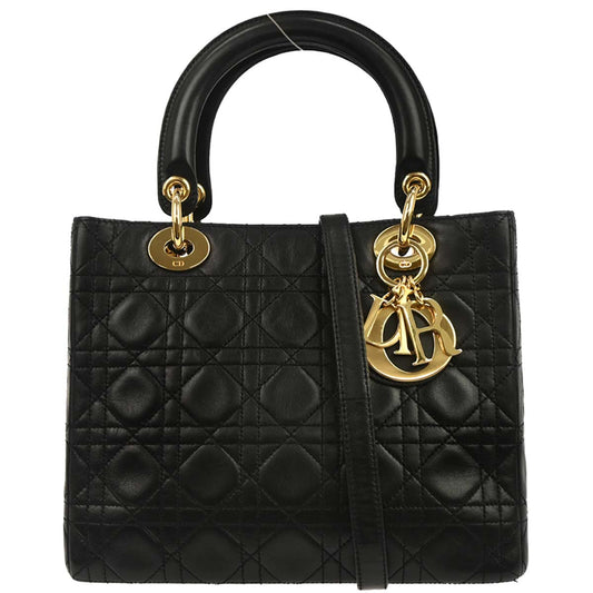 Christian Dior Black Lambskin Lady Dior Cannage 2way Shoulder Handbag