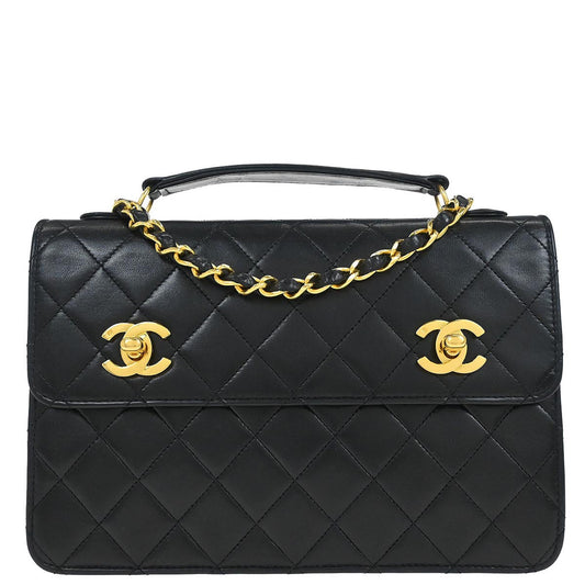Chanel 1989-1991 Black Lambskin 2way Shoulder Handbag