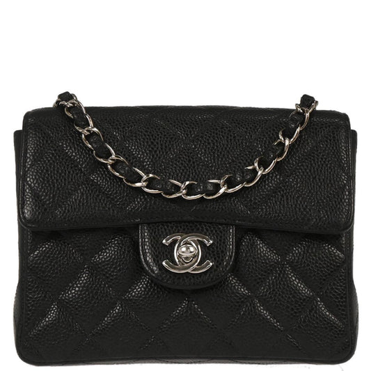 Chanel 2000-2002 Black Caviar Skin Mini Classic Square Flap Bag 17
