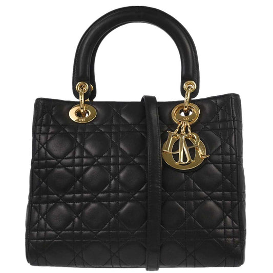 Christian Dior Black Lambskin Medium Lady Dior Cannage 2way Shoulder Handbag