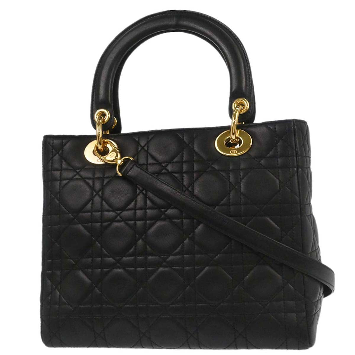 Christian Dior Black Lambskin Medium Lady Dior Cannage 2way Shoulder Handbag