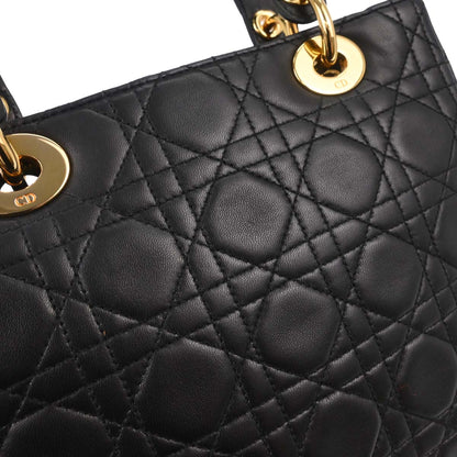 Christian Dior Black Lambskin Medium Lady Dior Cannage 2way Shoulder Handbag