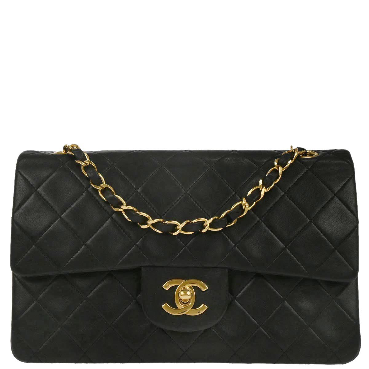 Chanel 1989-1991 Black Lambskin Small Classic Double Flap Shoulder Bag