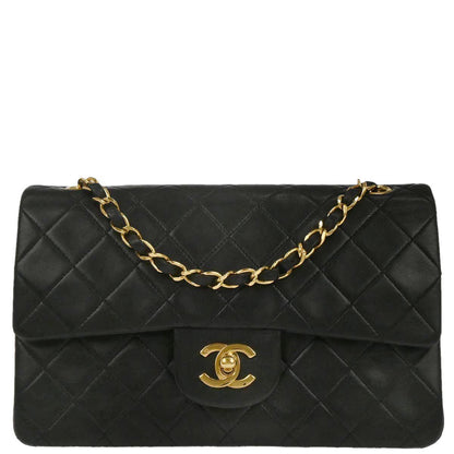 Chanel 1989-1991 Black Lambskin Small Classic Double Flap Shoulder Bag
