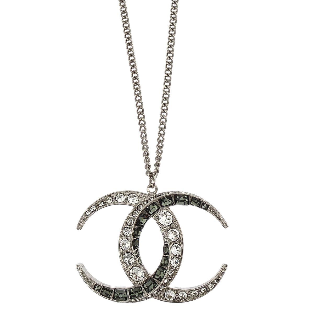 Chanel CC Chain Pendant Necklace Silver Rhinestone B15C