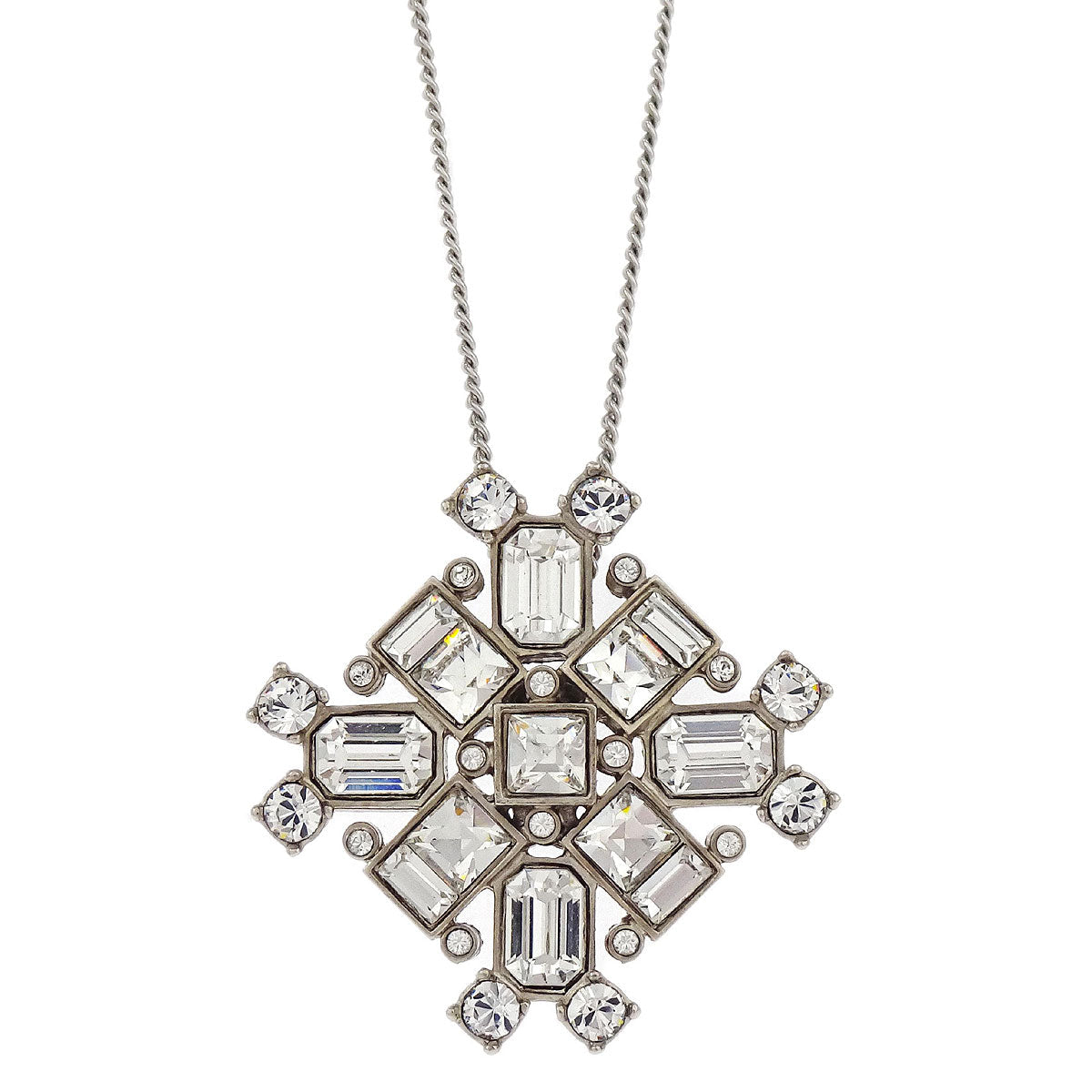 Chanel Rhombus Rhinestone Silver Chain Pendant Necklace 08A