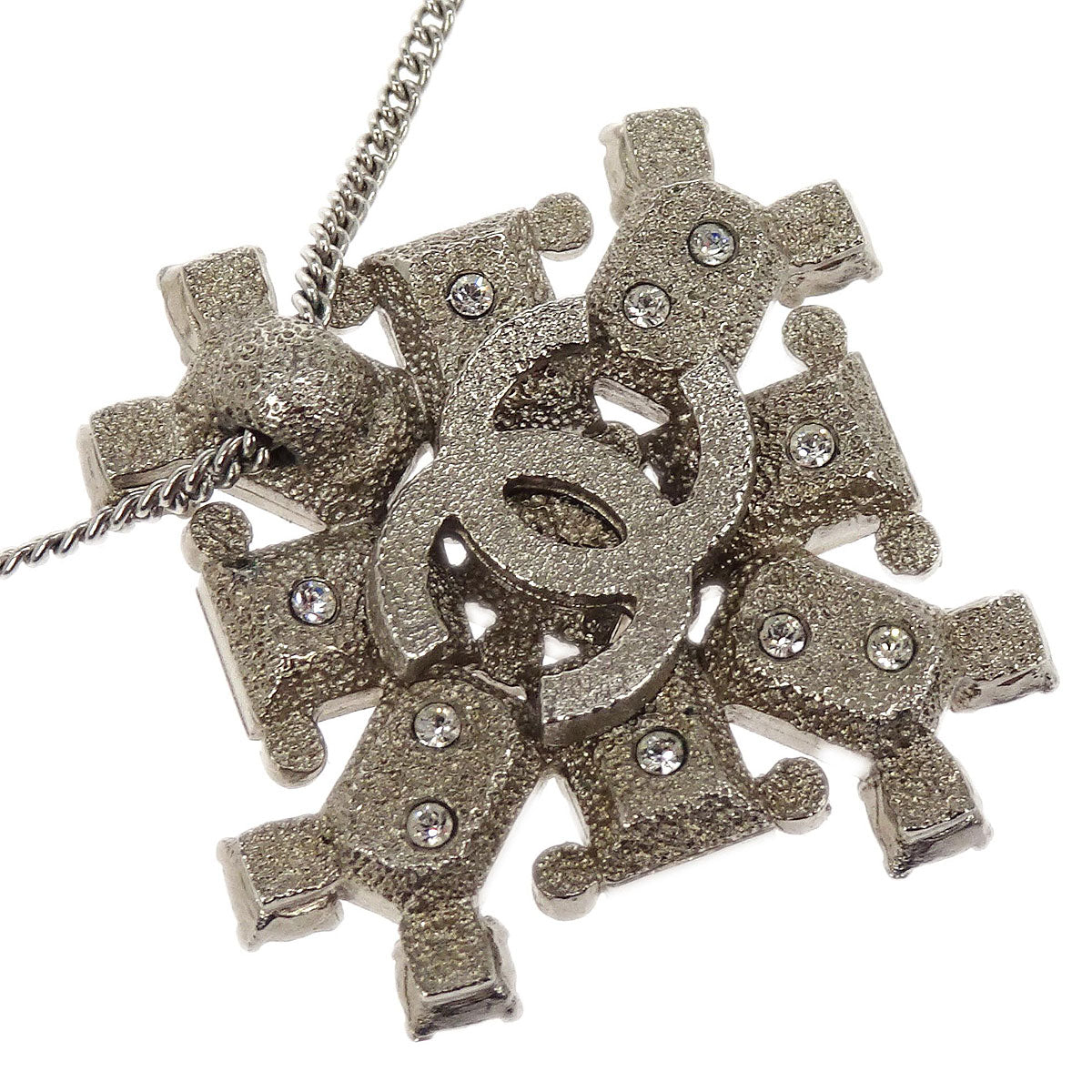 Chanel Rhombus Rhinestone Silver Chain Pendant Necklace 08A