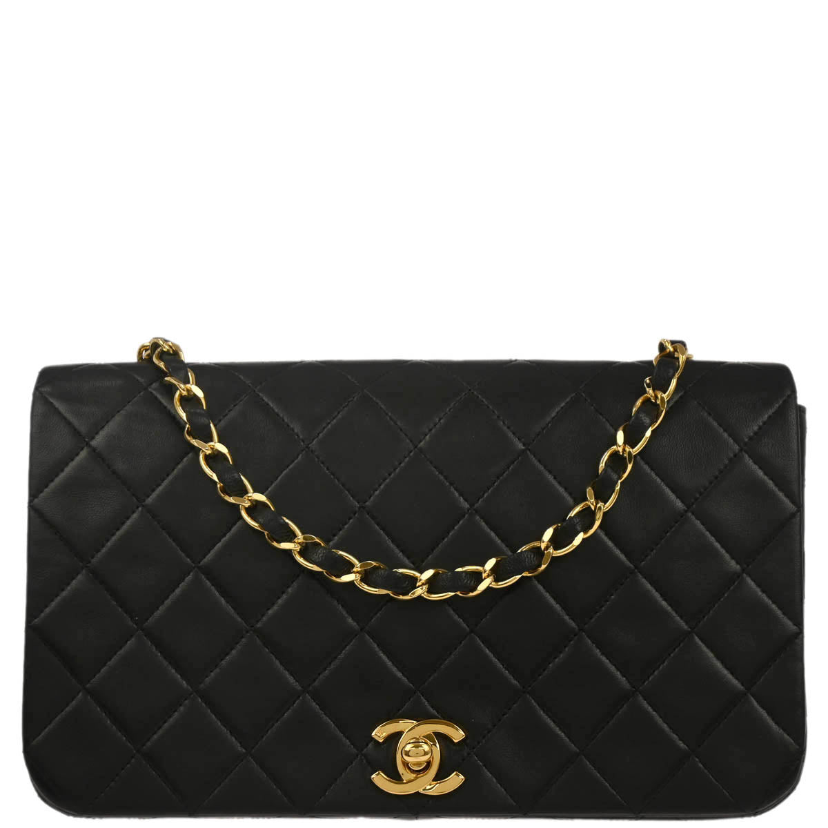 Chanel 1989-1991 Black Lambskin Turnlock Small Full Flap Shoulder Bag