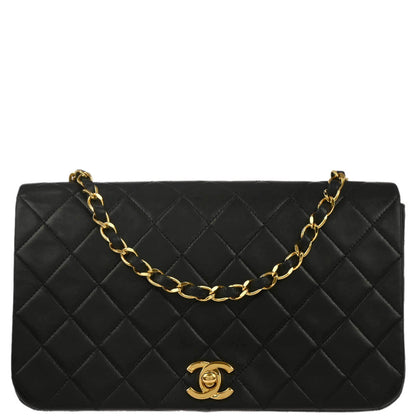 Chanel 1989-1991 Black Lambskin Turnlock Small Full Flap Shoulder Bag