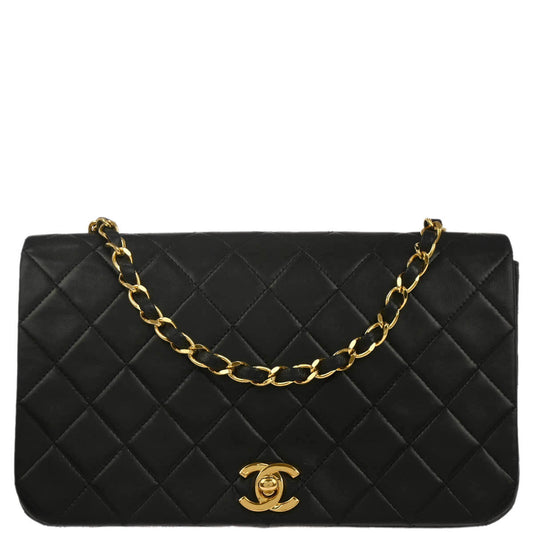 Chanel 1989-1991 Black Lambskin Turnlock Small Full Flap Shoulder Bag