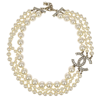 Chanel Charm CC Gold Chain Necklace Costume Pearl Rhinestone A14B