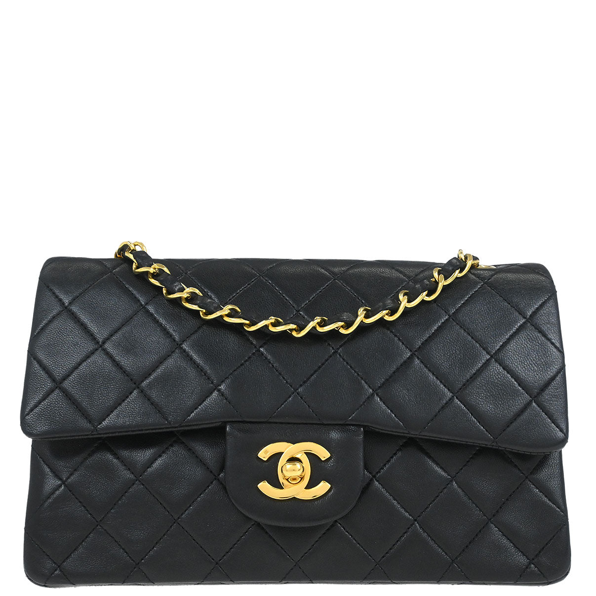 Chanel 1989-1991 Black Lambskin Small Classic Double Flap Shoulder Bag