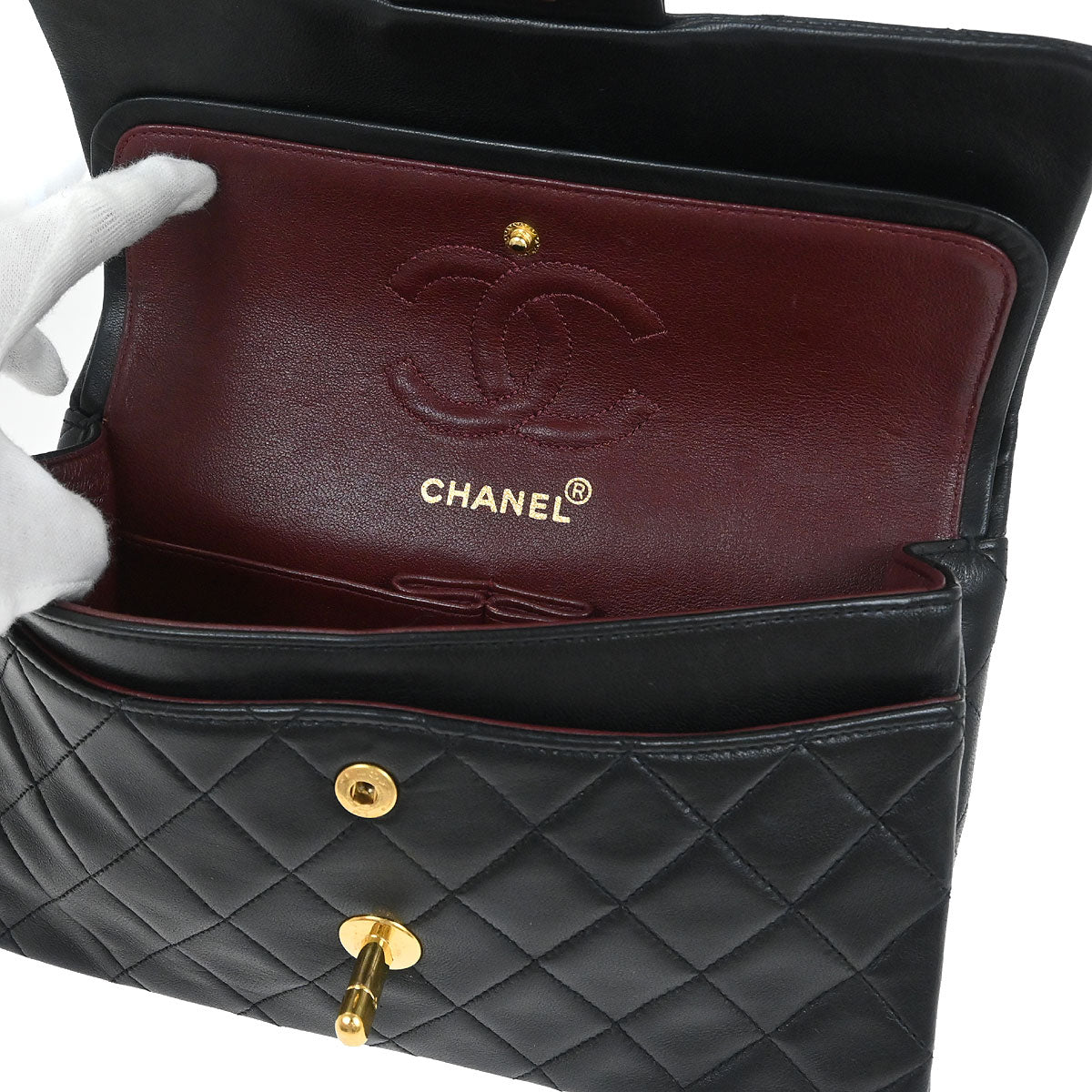 Chanel 1989-1991 Black Lambskin Small Classic Double Flap Shoulder Bag