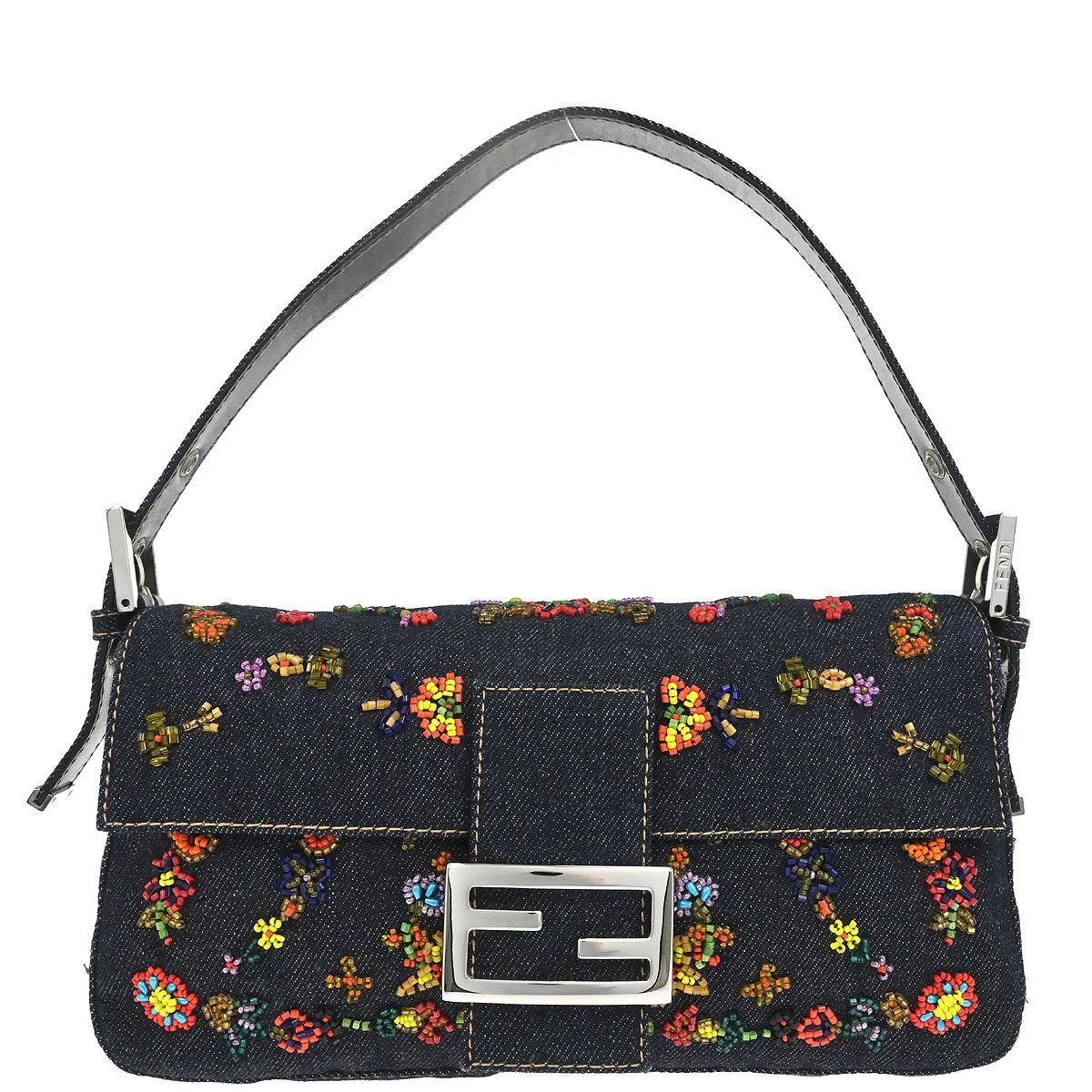 Fendi Navy Denim Beaded Baguette Handbag