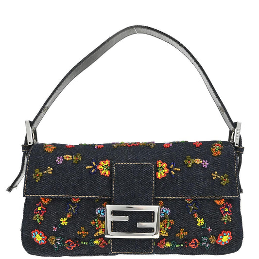 Fendi Navy Denim Beaded Baguette Handbag