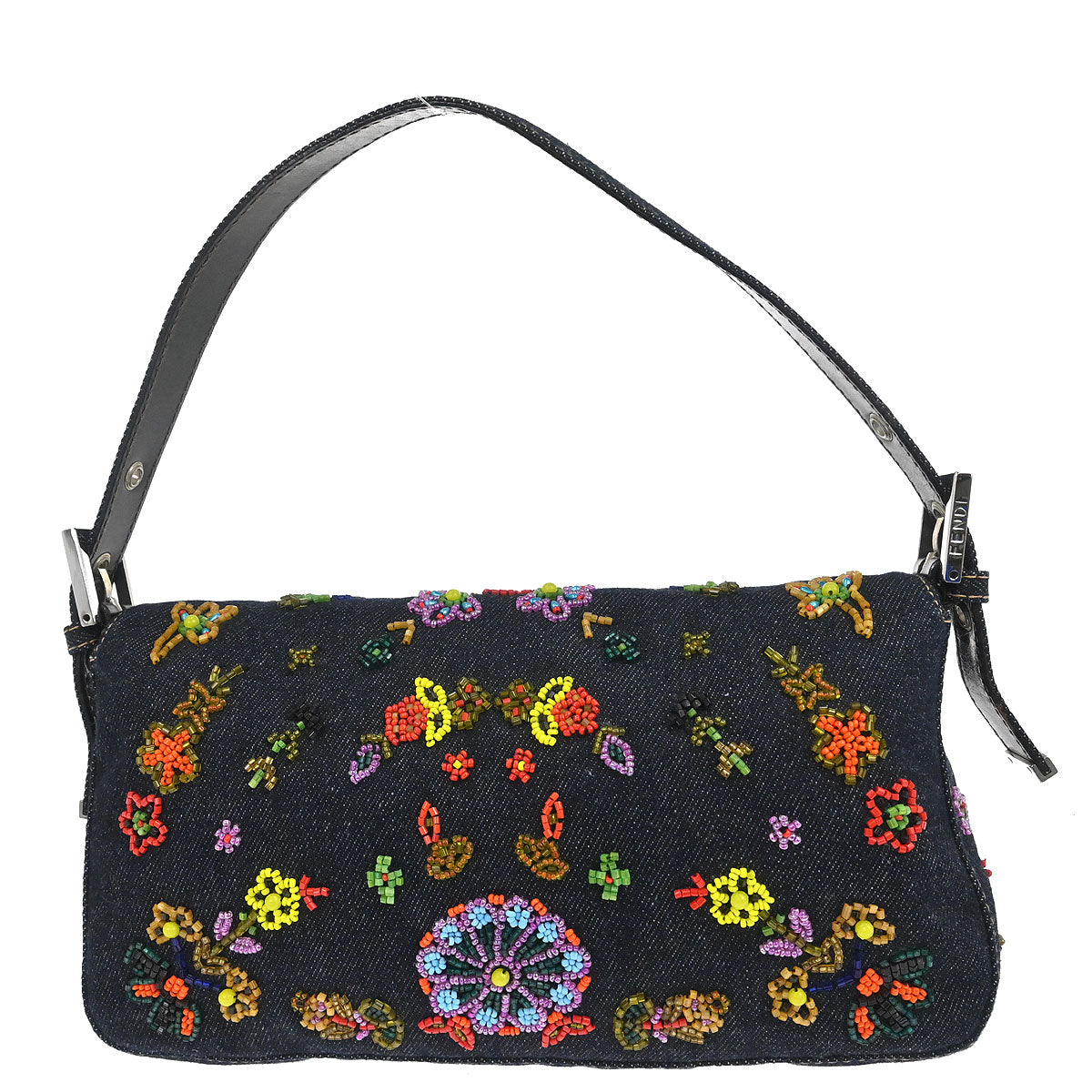 Fendi Navy Denim Beaded Baguette Handbag