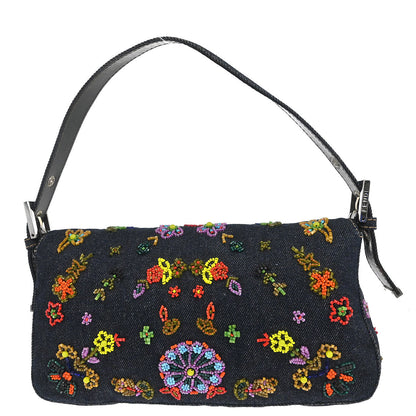 Fendi Navy Denim Beaded Baguette Handbag