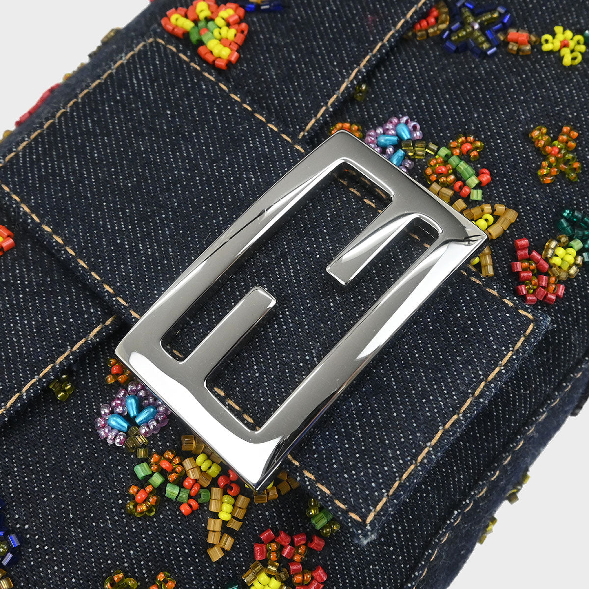 Fendi Navy Denim Beaded Baguette Handbag