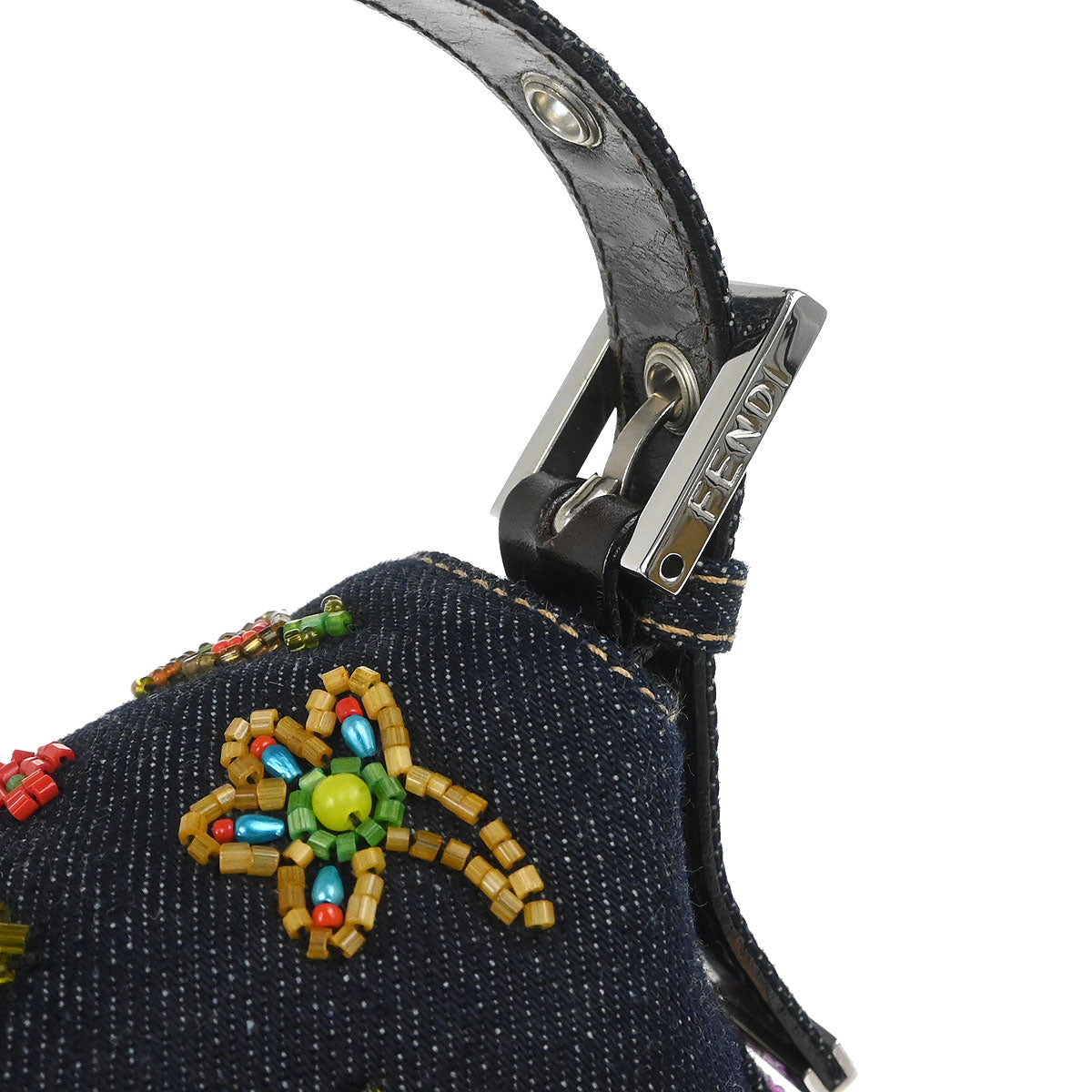 Fendi Navy Denim Beaded Baguette Handbag