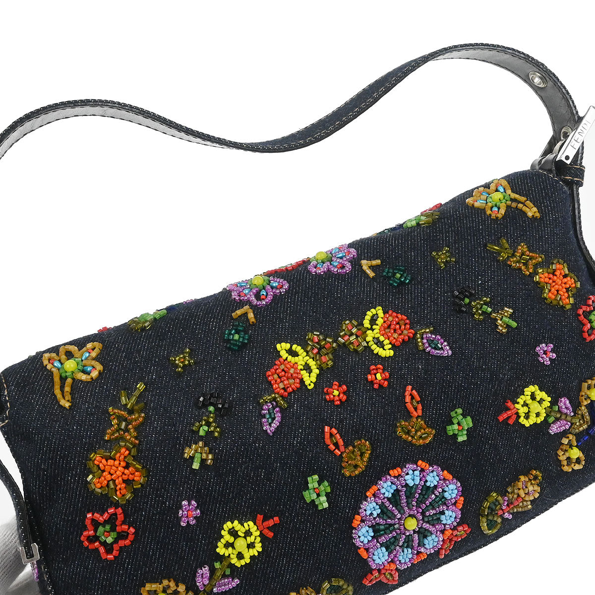 Fendi Navy Denim Beaded Baguette Handbag