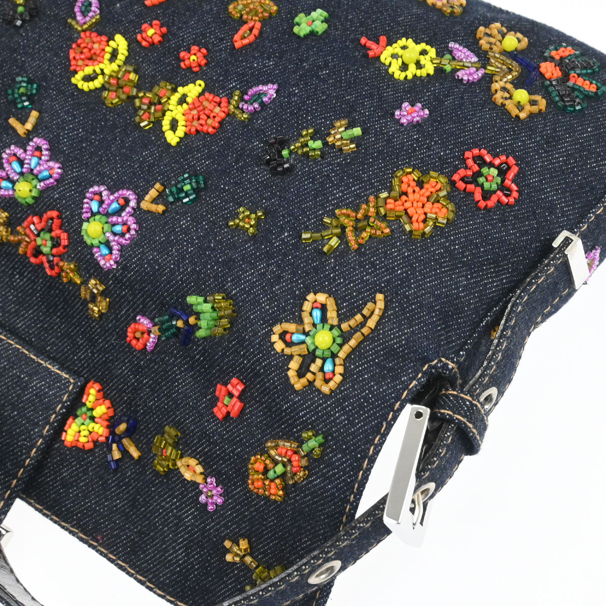 Fendi Navy Denim Beaded Baguette Handbag