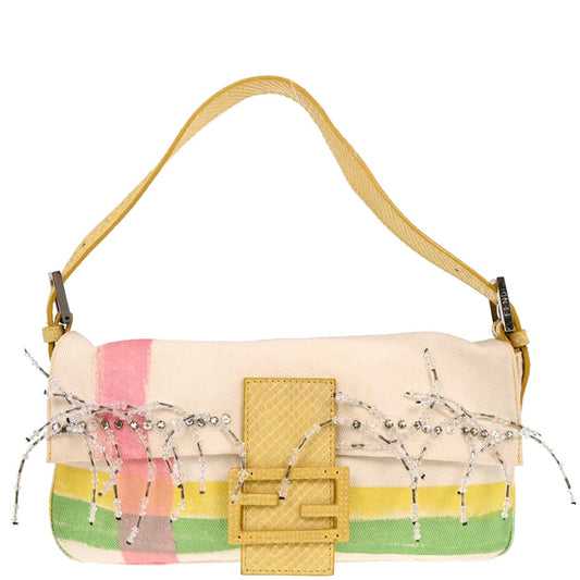 Fendi * White Canvas Python Beads Baguette Handbag