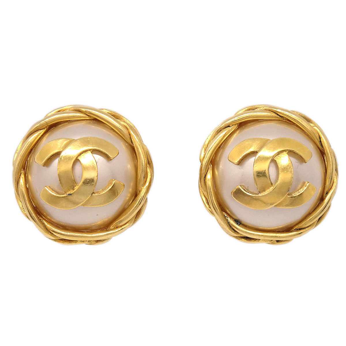 Chanel Button Clip-On Earrings Gold Costume Pearl 95P
