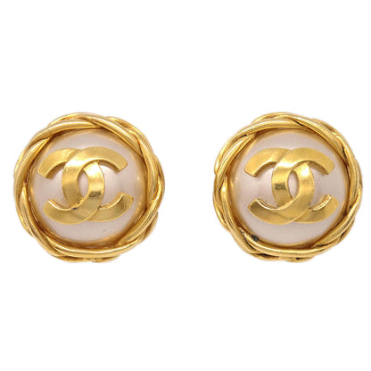 Chanel Button Clip-On Earrings Gold Costume Pearl 95P