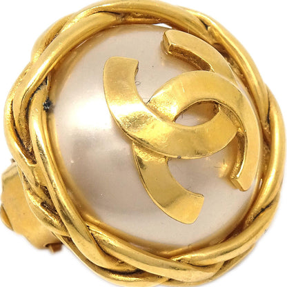 Chanel Button Clip-On Earrings Gold Costume Pearl 95P