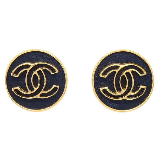 Chanel Button Clip-On Earrings Black Gold 03P