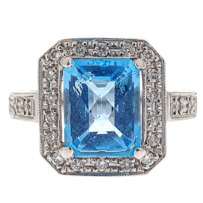 Ring 18KWG Silver Blue Topaz Diamond #52 Jewelry